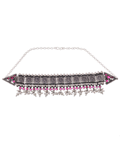 Oxidised Silver Plated Red stone studded Choker Necklace Jewellery Set