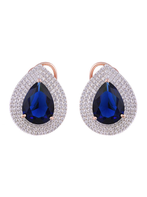 Women Blue & White Rose GoldPlated Teardrop Shaped Studs Earrings