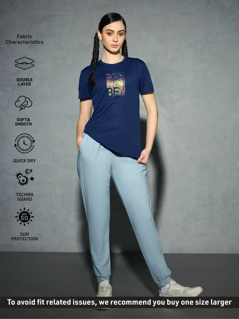 Women Printed Slim Fit Round Neck T-shirt with TECHNOCOOL+
