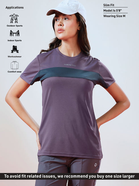 Women Solid Slim Fit Round Neck T-shirt with TECHNO COOL