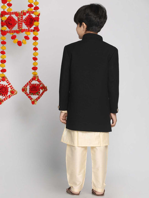 Boy's Black Indo Western Jacket With Kurta And Pyjama Set