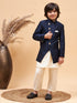 Boy's Navy Blue Indo Western Jacket With Cream Kurta And Pyjama Set