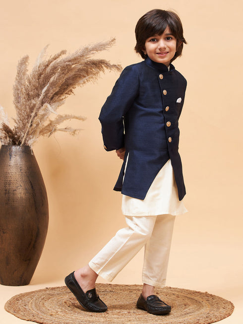 Boy's Navy Blue Indo Western Jacket With Cream Kurta And Pyjama Set