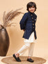 Boy's Navy Blue Indo Western Jacket With Cream Kurta And Pyjama Set