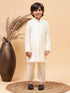Boy's Navy Blue Indo Western Jacket With Cream Kurta And Pyjama Set