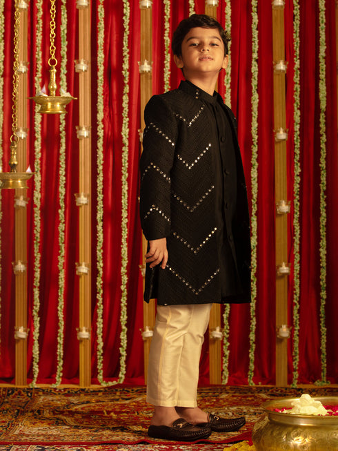 Boy's' Black And Cream Ethnic Mirror Combo Set