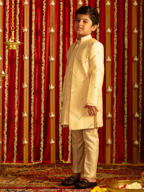 Boy's' Cream And Cream Ethnic Mirror Combo Set