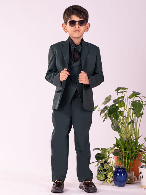 Boy's' Black And Green Shirt Blazer Waist Coat And Pant