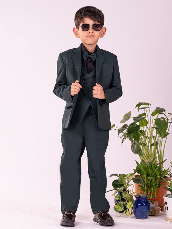 Boy's' Black And Green Shirt Blazer Waist Coat And Pant