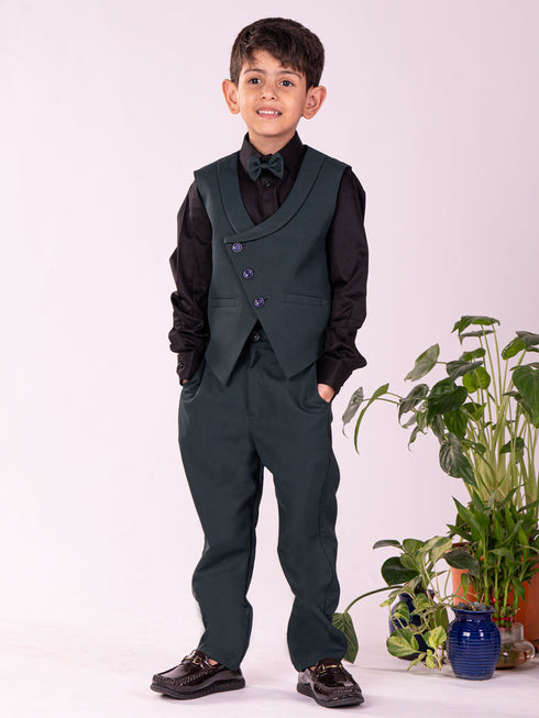 Boy's' Black And Green Shirt Blazer Waist Coat And Pant