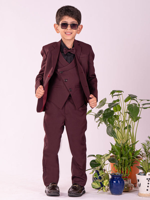 Boy's' Black And Maroon Shirt Blazer Waist Coat And Pant