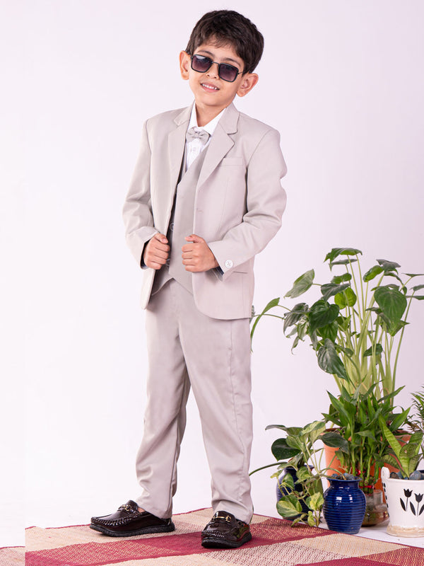 Boy's' White And Gray Shirt Blazer Waist Coat And Pant