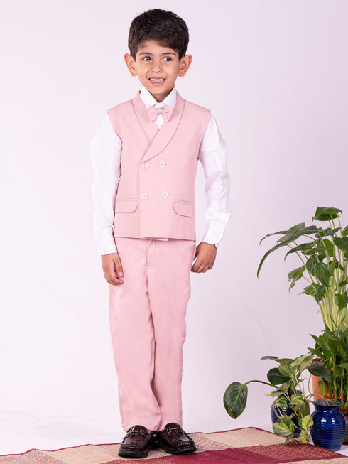 Boy's' White And Pink Shirt Blazer Waist Coat And Pant