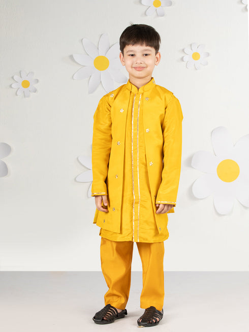 Boy's' Mustard Jacket, Kurta And Pyjama Set