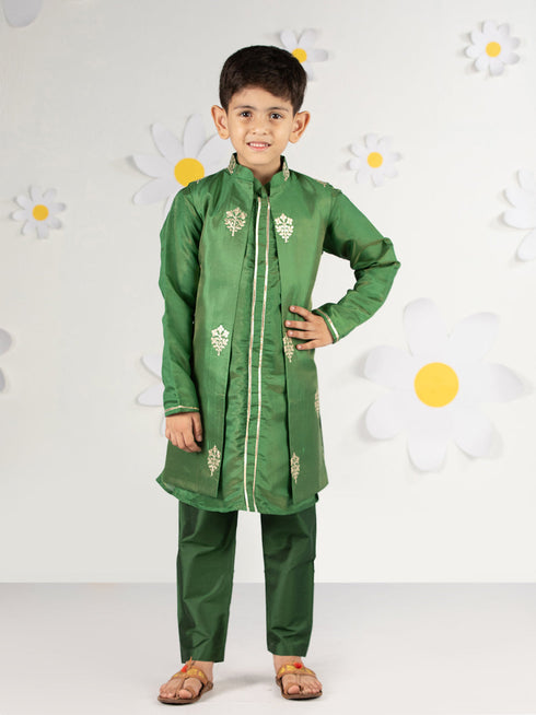 Boy's' Green Jacket, Kurta And Pyjama Set
