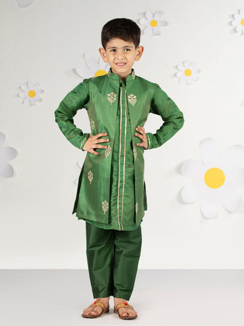 Boy's' Green Jacket, Kurta And Pyjama Set