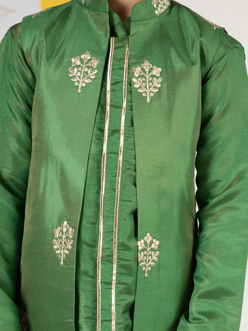 Boy's' Green Jacket, Kurta And Pyjama Set