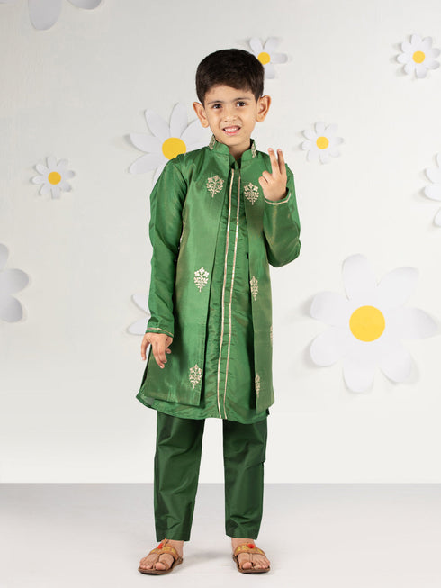 Boy's' Green Jacket, Kurta And Pyjama Set
