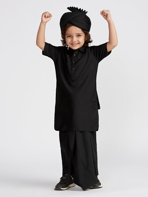 Boy's' Black Viscose Kurta Lungi And Safa Set