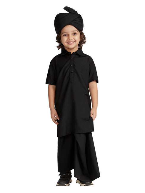 Boy's' Black Viscose Kurta Lungi And Safa Set