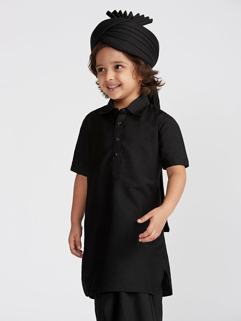 Boy's' Black Viscose Kurta Lungi And Safa Set