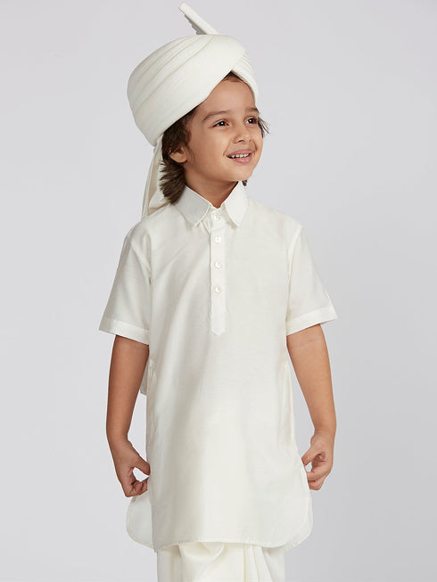Boy's' White Viscose Kurta Lungi And Safa Set
