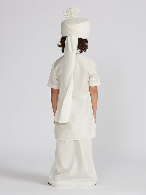 Boy's' White Viscose Kurta Lungi And Safa Set