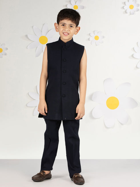 Boy's' Navy Blue Open Indowestern Set