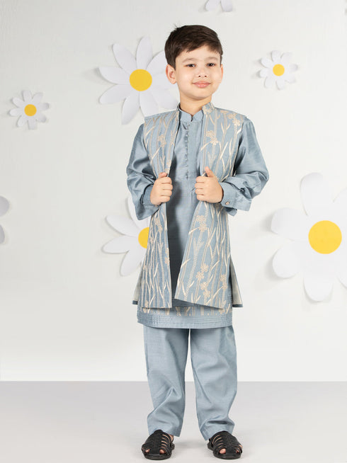 Boy's' Aqua Jacket,Kurta And Pyjama Set.
