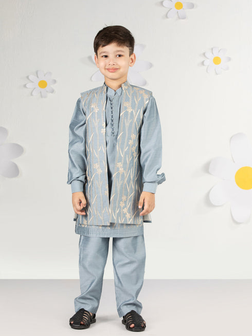 Boy's' Aqua Jacket,Kurta And Pyjama Set.