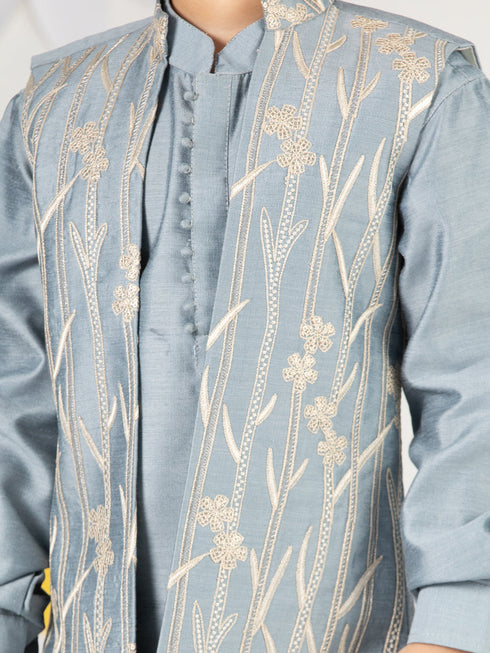 Boy's' Aqua Jacket,Kurta And Pyjama Set.