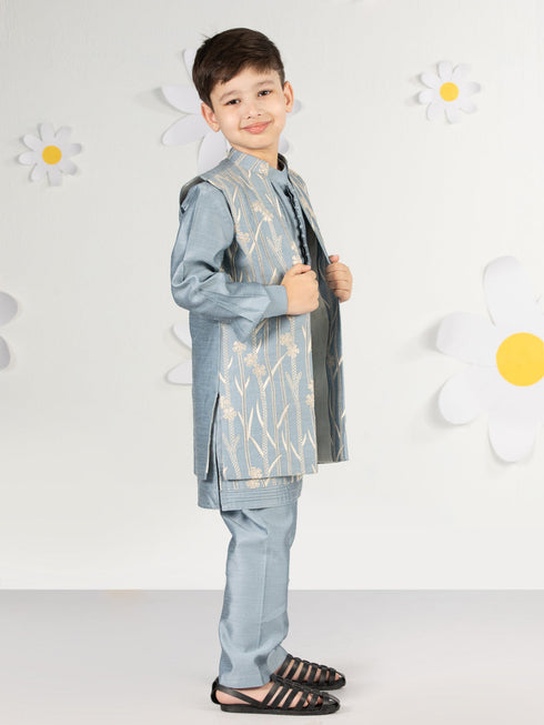 Boy's' Aqua Jacket,Kurta And Pyjama Set.
