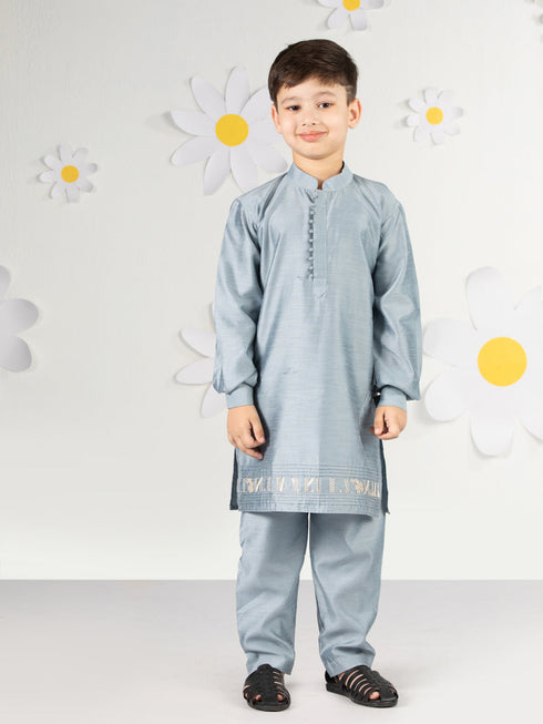 Boy's' Aqua Jacket,Kurta And Pyjama Set.