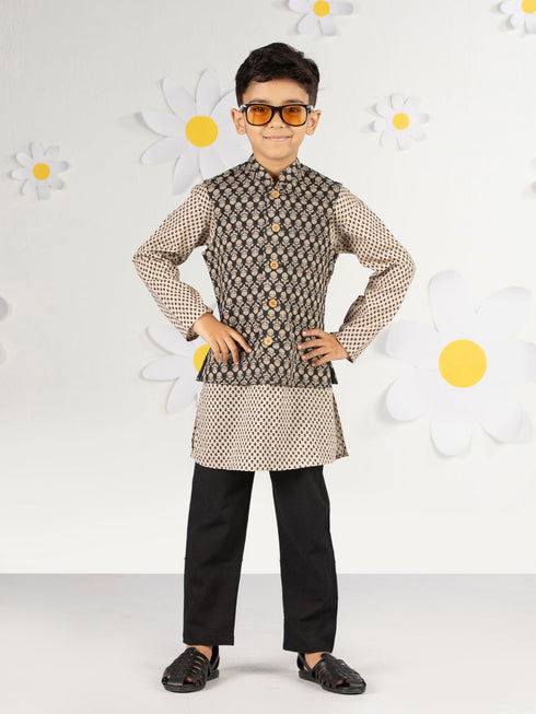 Boy's Black Jacket, Kurta And Pyjama Set