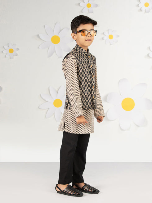 Boy's Black Jacket, Kurta And Pyjama Set
