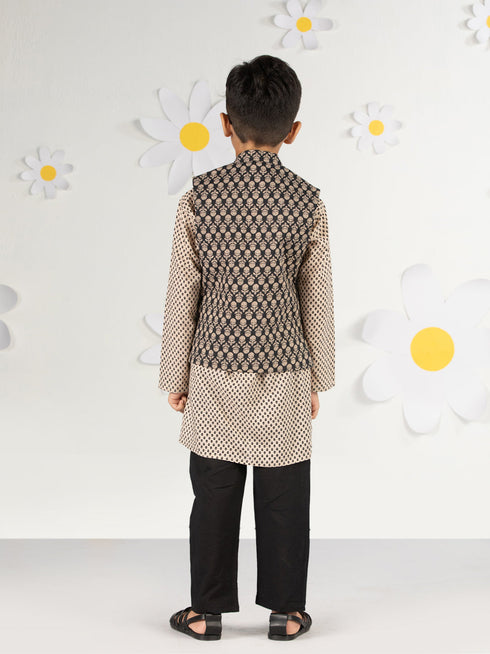 Boy's Black Jacket, Kurta And Pyjama Set