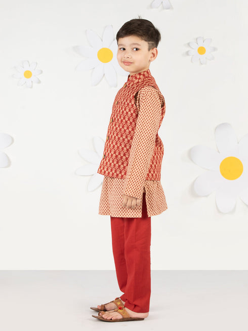 Boy's' Rust Jacket, Kurta And Pyjama Set