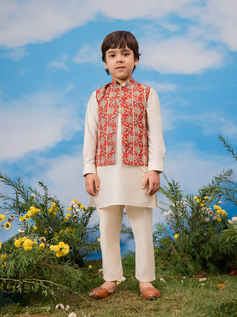 Boy's Red Jacket, Kurta And Pyjama Set