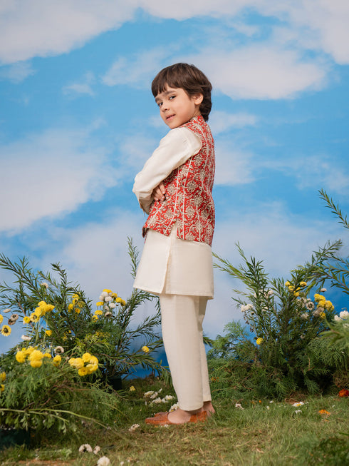 Boy's Red Jacket, Kurta And Pyjama Set