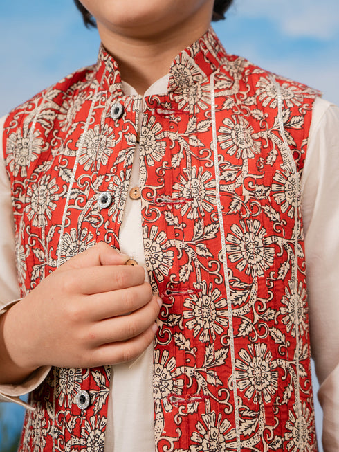 Boy's Red Jacket, Kurta And Pyjama Set