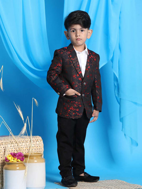 Boy's Black And Red Woven Design Blazer
