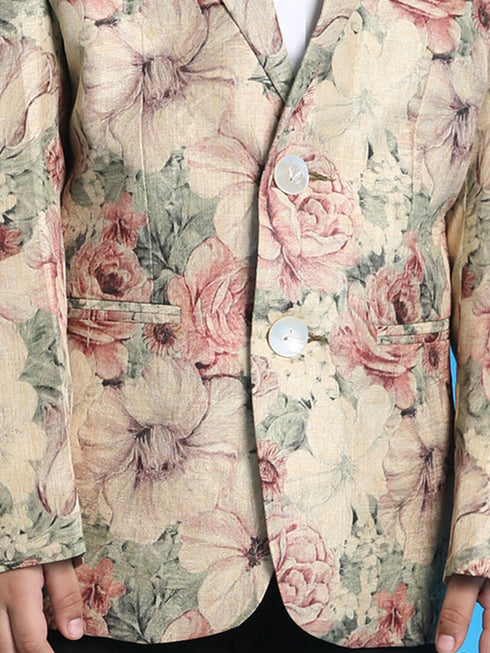 Boy's Beige Silk Blend Floral Print Blazer