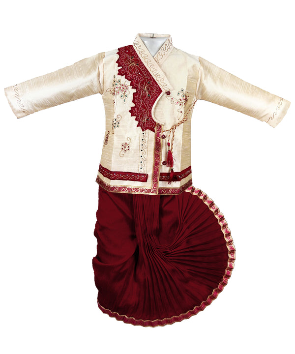 Boy's' Gold And Maroon Embellished Dhoti Kurta Set