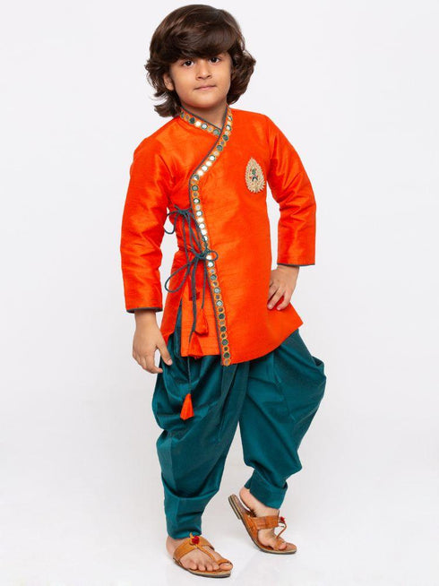 Boys' Orange Cotton Silk Kurta and Dhoti Pant Set