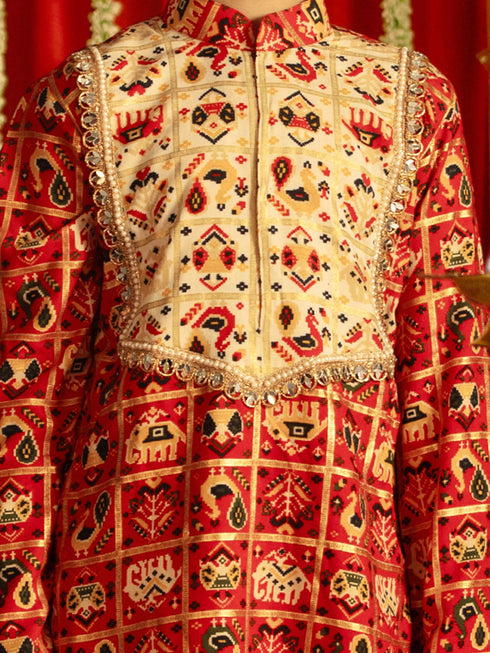 Boy's' Red And Cream Patola Print Ethnic Kurta And Dhoti Set