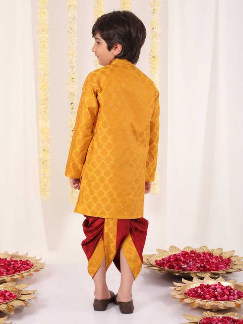 Boy's' Yellow And Maroon Ethnic Jacquard Kurta Dhoti Set