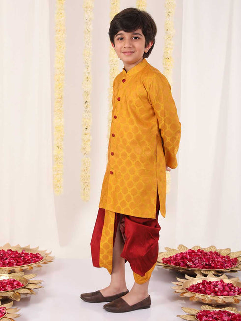 Boy's' Yellow And Maroon Ethnic Jacquard Kurta Dhoti Set