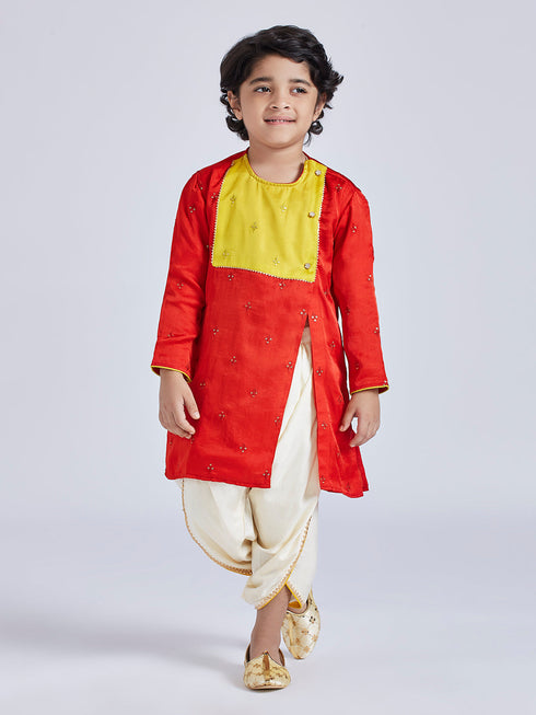 Infant Boy's' Red And Cream Silk Blend Kurta And Dhoti Set