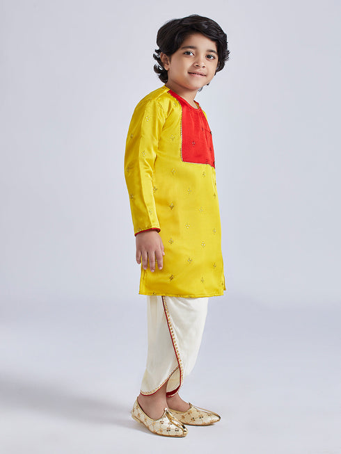 Infant Boy's' Yellow And Cream Silk Blend Kurta And Dhoti Set