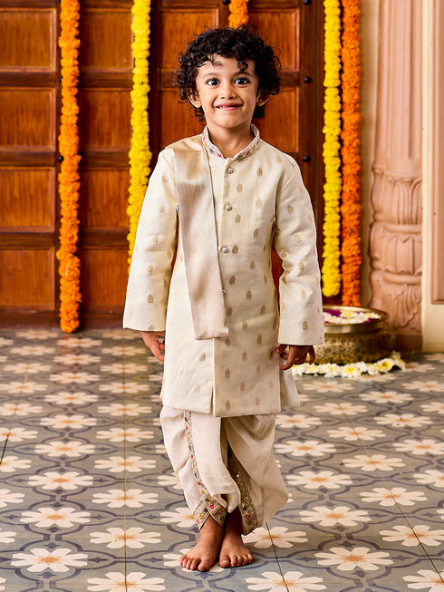 Infant Boy's' Cream Viscose Blend Sherwani And Dhoti Set